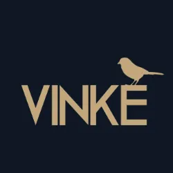 Logo met het woord 'VINKE' en een vogel silhouet op een donkere achtergrond
