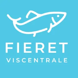 Logo van Fieret Viscentrale met visillustratie op blauwe achtergrond