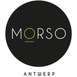 Morso Antwerp logo, moderne typografie op een zwarte achtergrond