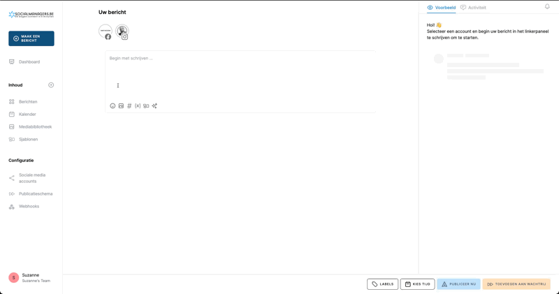 Social media beheer dashboard met functies voor berichten, kalender en planning