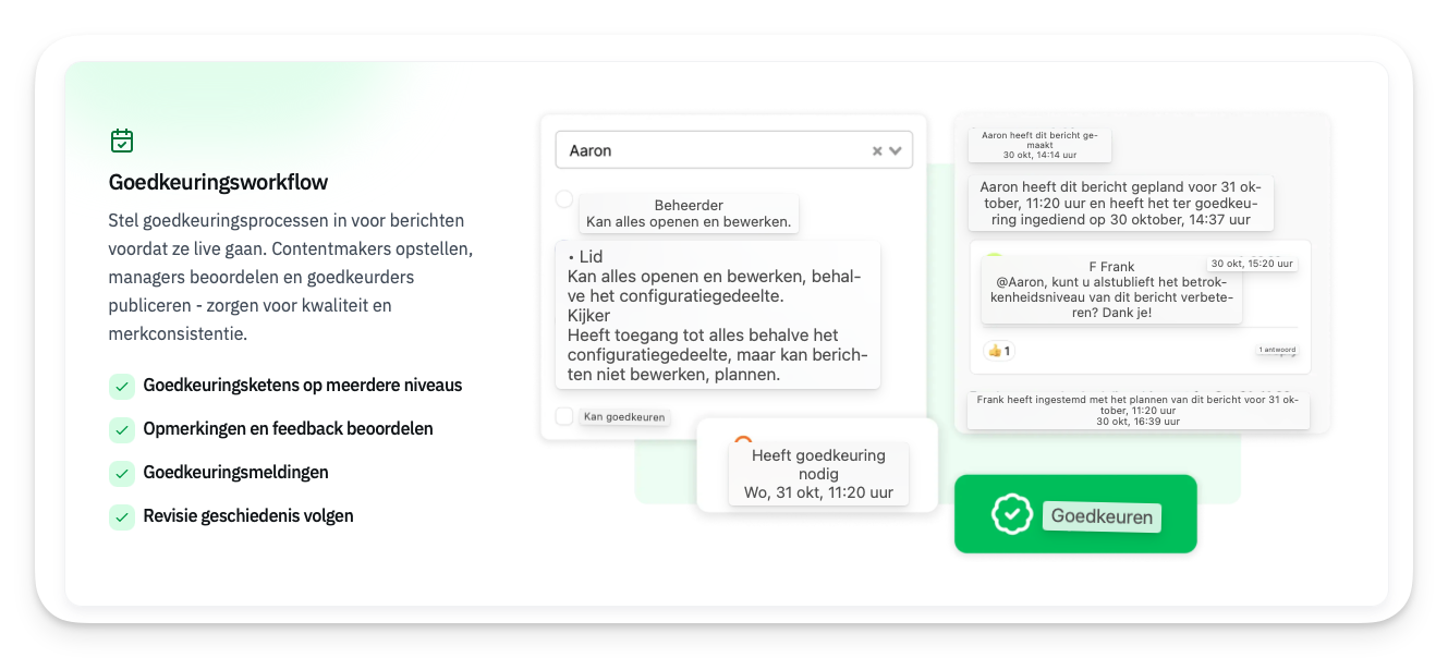 Goedgekeuringsworkflow voor berichten met meerdere niveaus, feedbackbeoordeling en meldingen, inclusief chatgesprekken