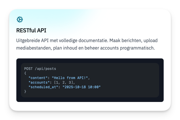 RESTful API met documentatie en JSON-code voorbeeld voor het plannen van berichten op meerdere accounts.