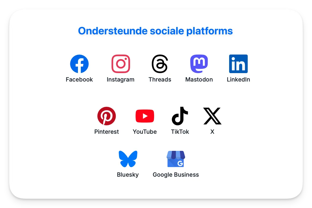 Ondersteunde sociale platforms: Facebook, Instagram, Threads, Mastodon, LinkedIn, Pinterest, YouTube, TikTok, X, Bluesky, Google Business.