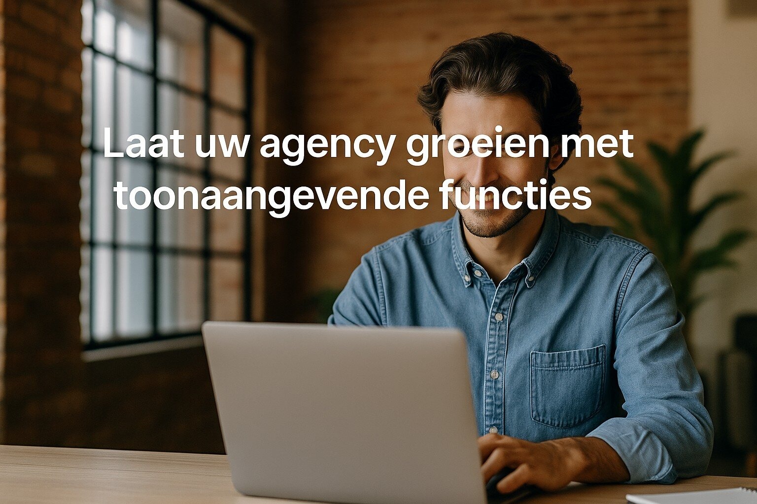 Man werkt op laptop in trendy kantoor, tekst: 'Laat uw agency groeien met toonaangevende functies'.